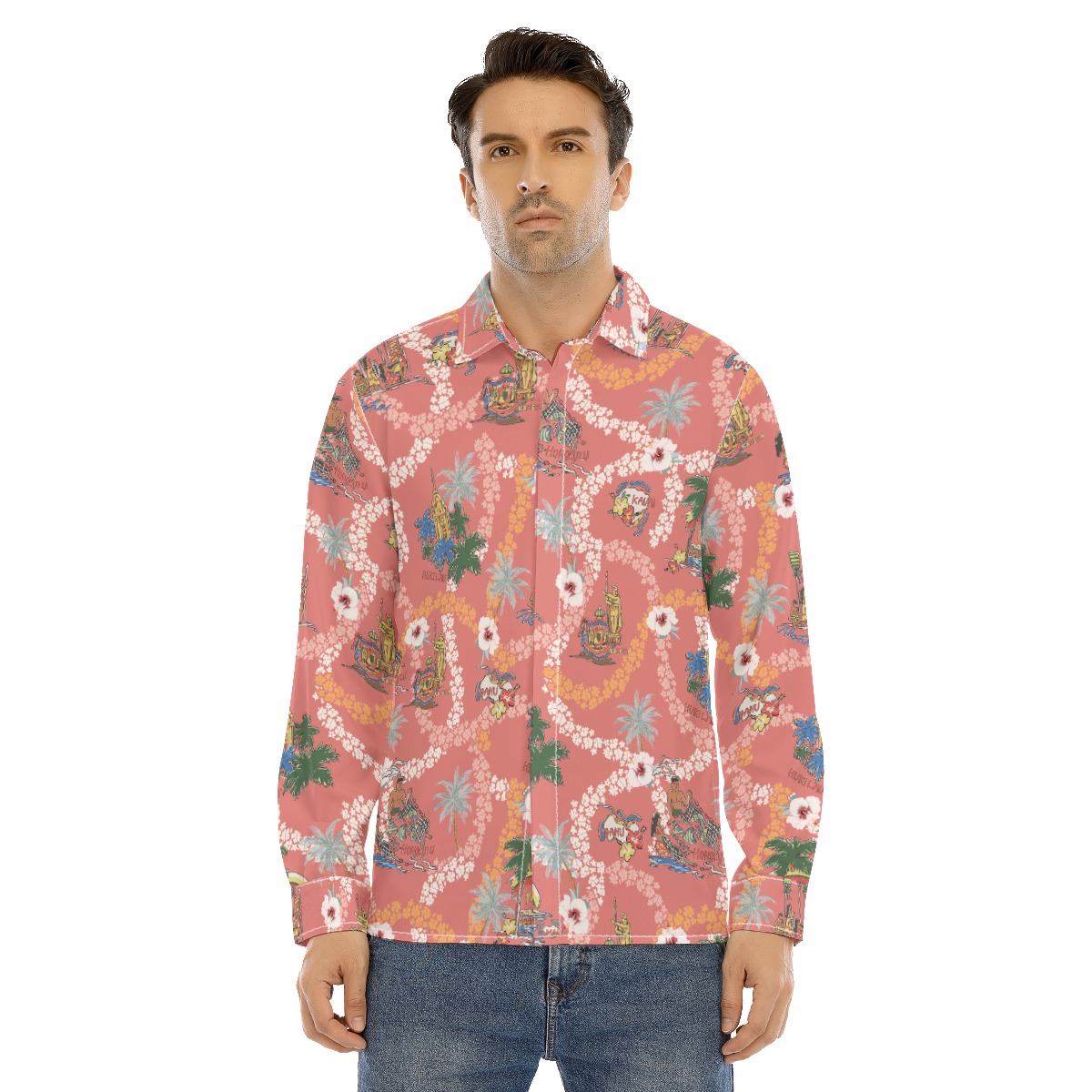 Hawaii Landscape Floral Hawaiian Long Sleeve Shirt For Men - variant image 1
