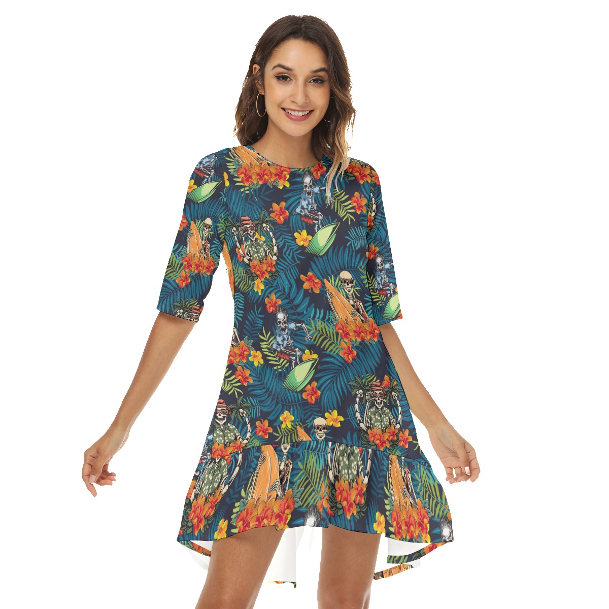 Funny Skeleton Surfing Tropical Hawaiian Dress With Ruffle Hem - variant image 1