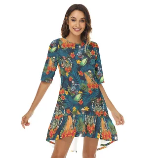 Funny Skeleton Surfing Tropical Hawaiian Dress With Ruffle Hem