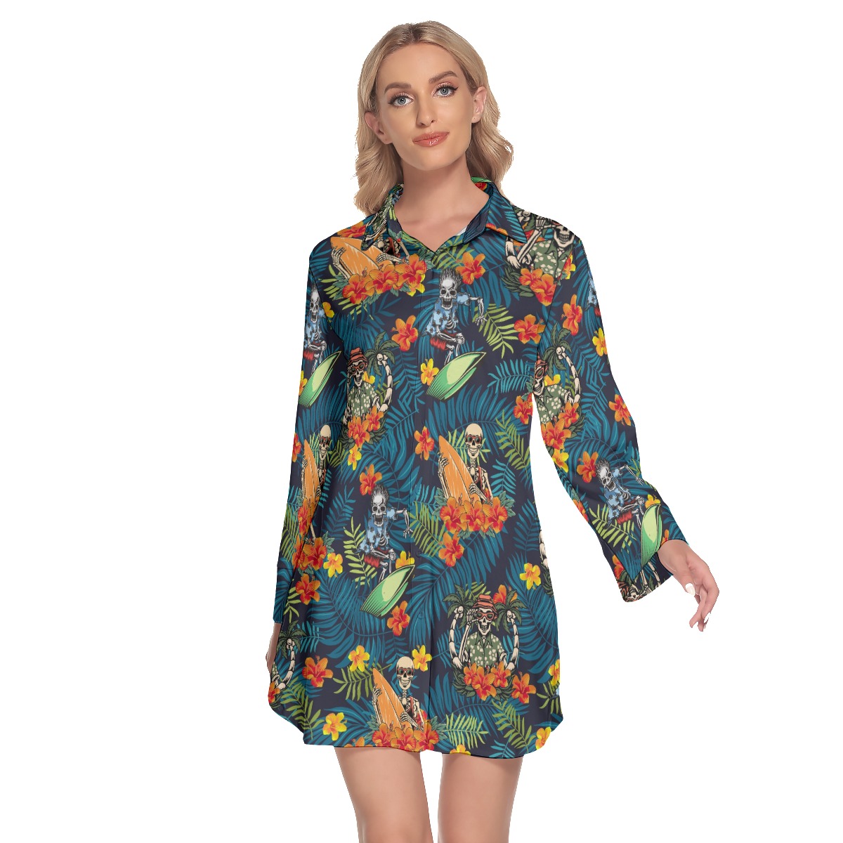 Tropical Surfing Skeleton Hawaiian Shirt Dress For Women - variant image 1
