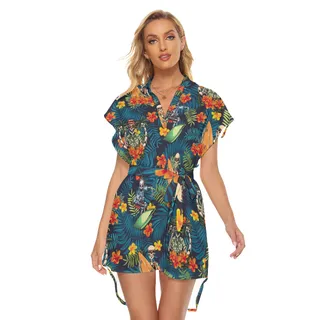 Funny Surfing Skeleton Summer Hawaiian Dresses With Belt