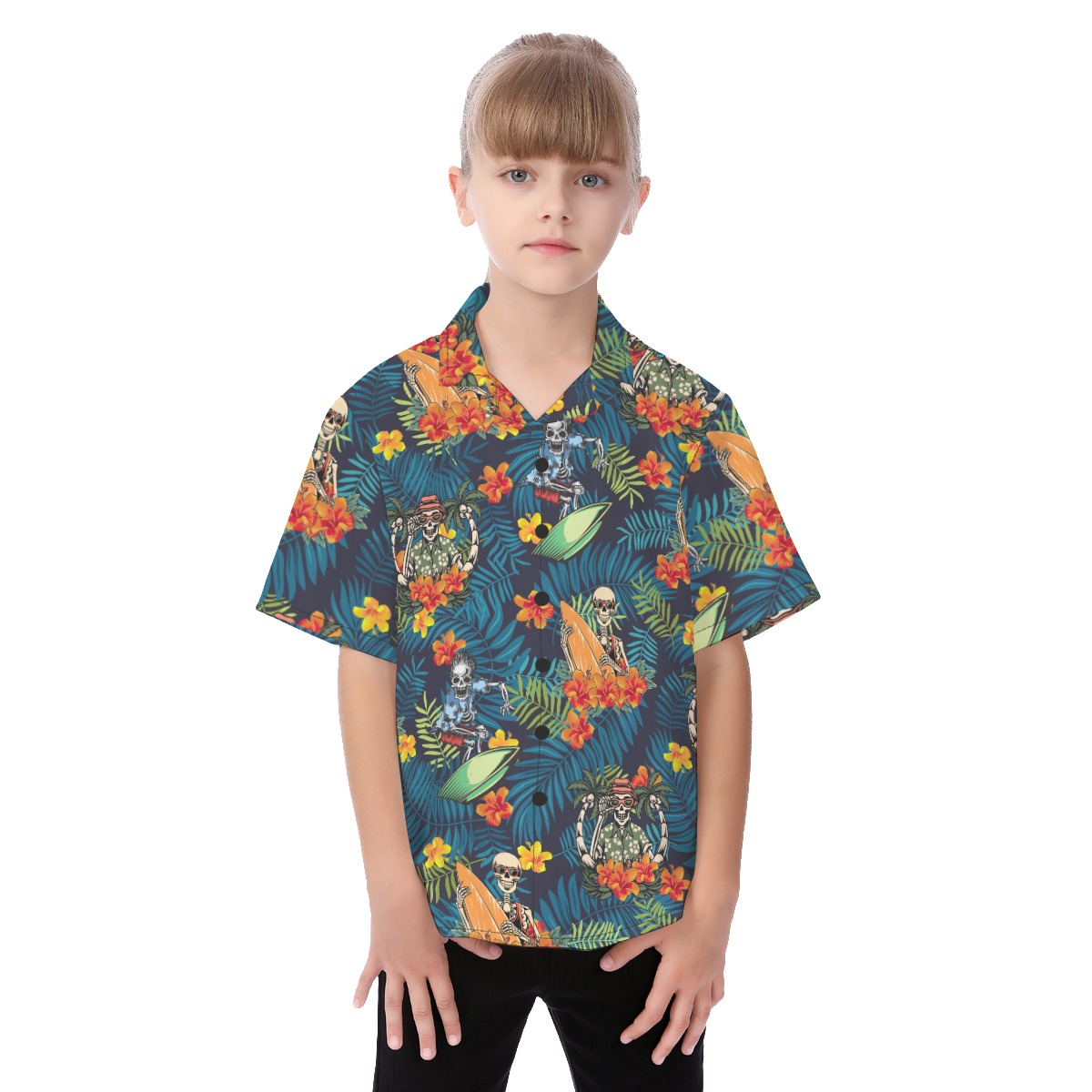 Cute Surfing Skeleton Tropical Hawaiian Button Up Shirt For Kids - variant image 1