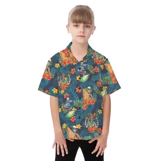 Cute Surfing Skeleton Tropical Hawaiian Button Up Shirt For Kids