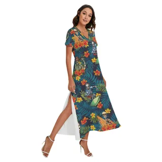 Tropical Skeleton Surfing Summer Hawaiian V-neck Dress With Side Slit