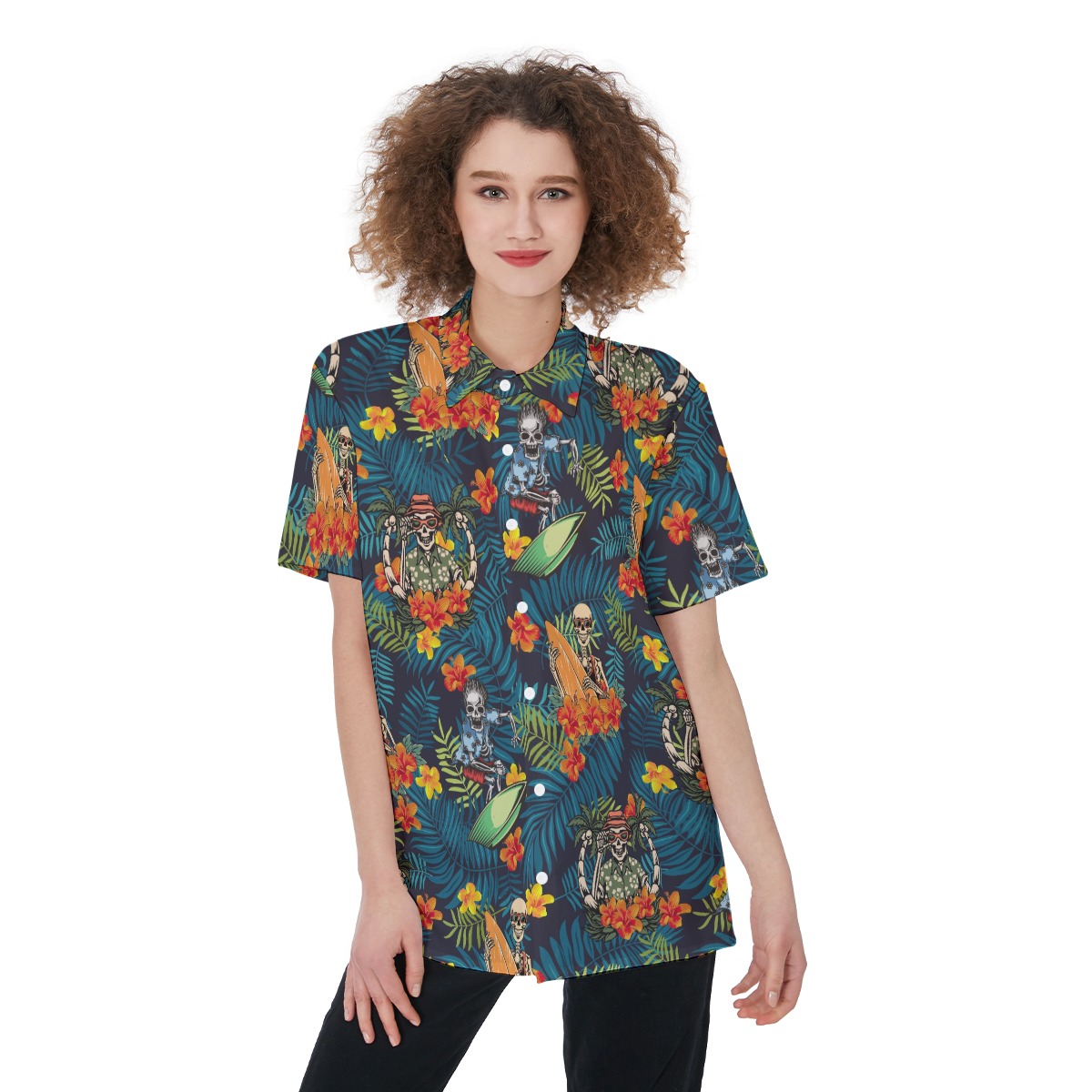Tropical Skeleton Surfing Aloha Shirt For Women - variant image 1