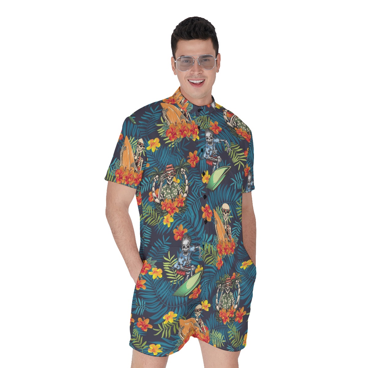 Funny Skeleton Surfing Tropical Hawaiian Romper For Men - variant image 1