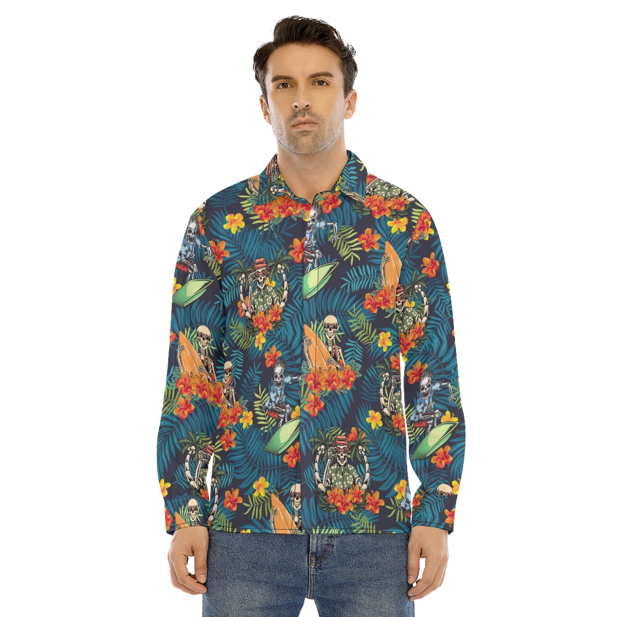 Funny Skeleton Surfing Tropical Hawaiian Long Sleeve Shirt For Men - variant image 1