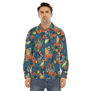 Funny Skeleton Surfing Tropical Hawaiian Long Sleeve Shirt For Men