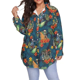 Tropical Surfing Skeleton Hawaiian Plus Size Shirt For Women