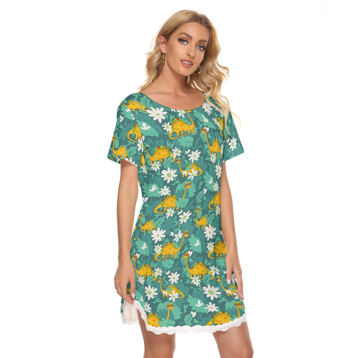Dinosaur Taco Green Aloha Dress With Lace For Summer