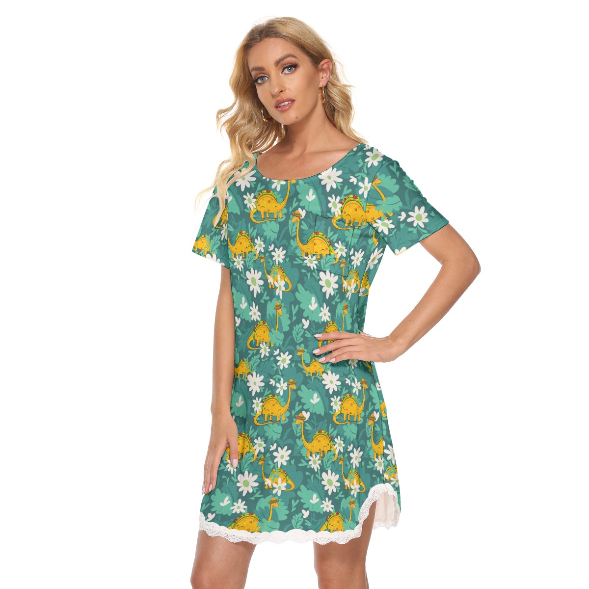 Dinosaur Taco Green Aloha Dress With Lace For Summer