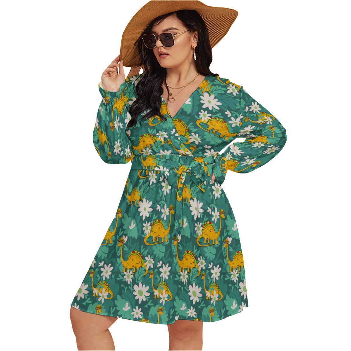 Funny Taco Dinosaur Hawaiian Plus Size V-Neck Dress