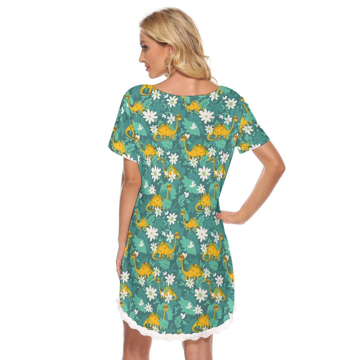 Dinosaur Taco Green Aloha Dress With Lace For Summer