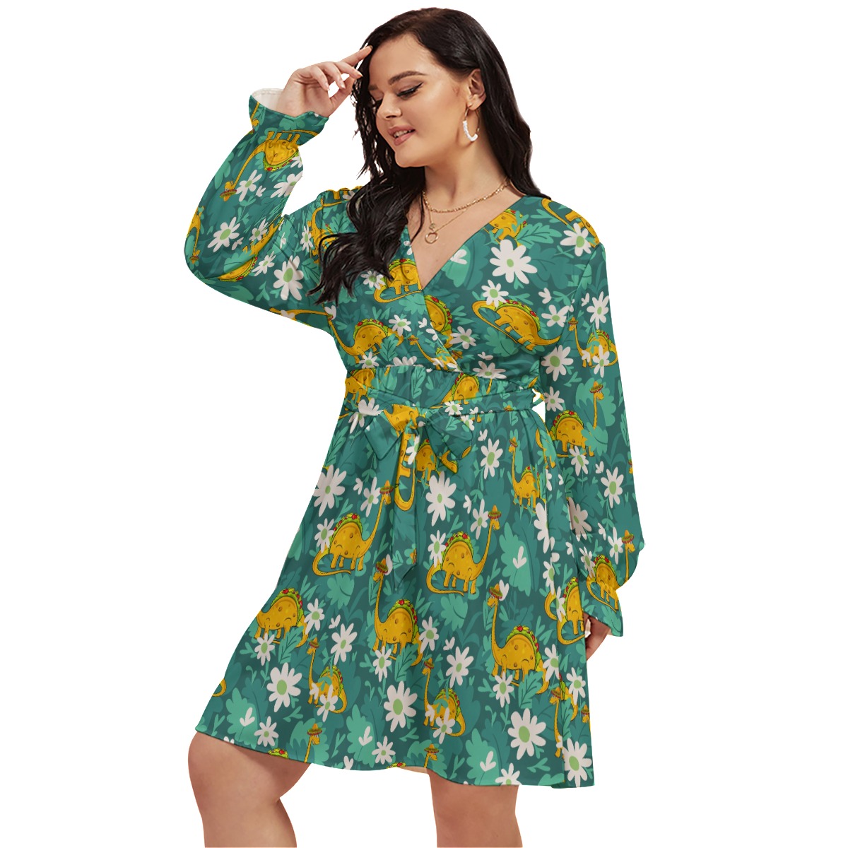 Funny Taco Dinosaur Hawaiian Plus Size V-Neck Dress