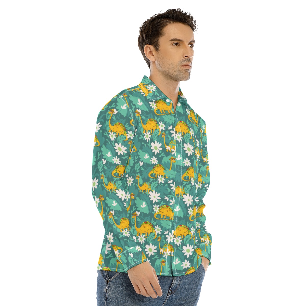 Dinosaurus Taco Green Hawaiian Long Sleeve Shirt For Men