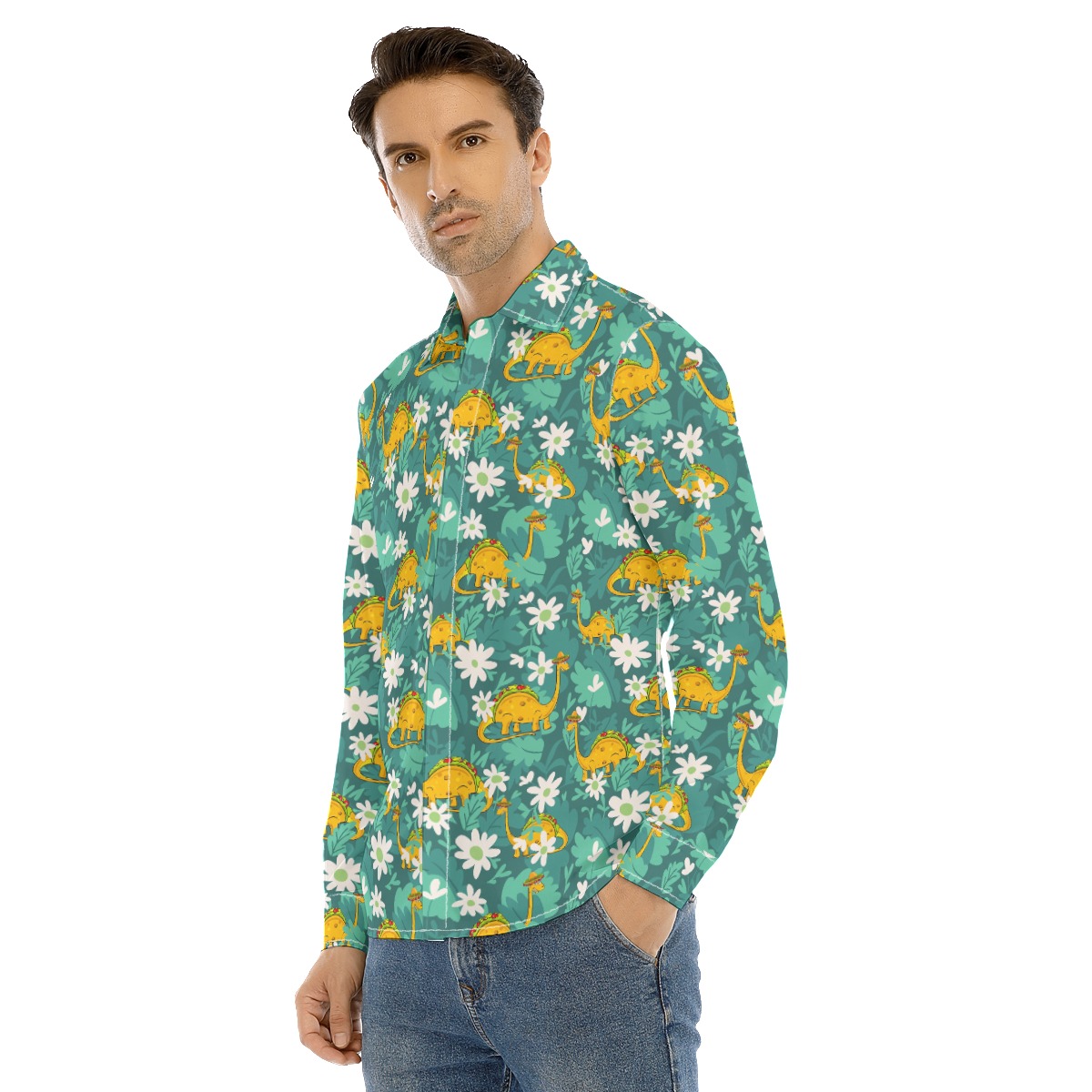 Dinosaurus Taco Green Hawaiian Long Sleeve Shirt For Men