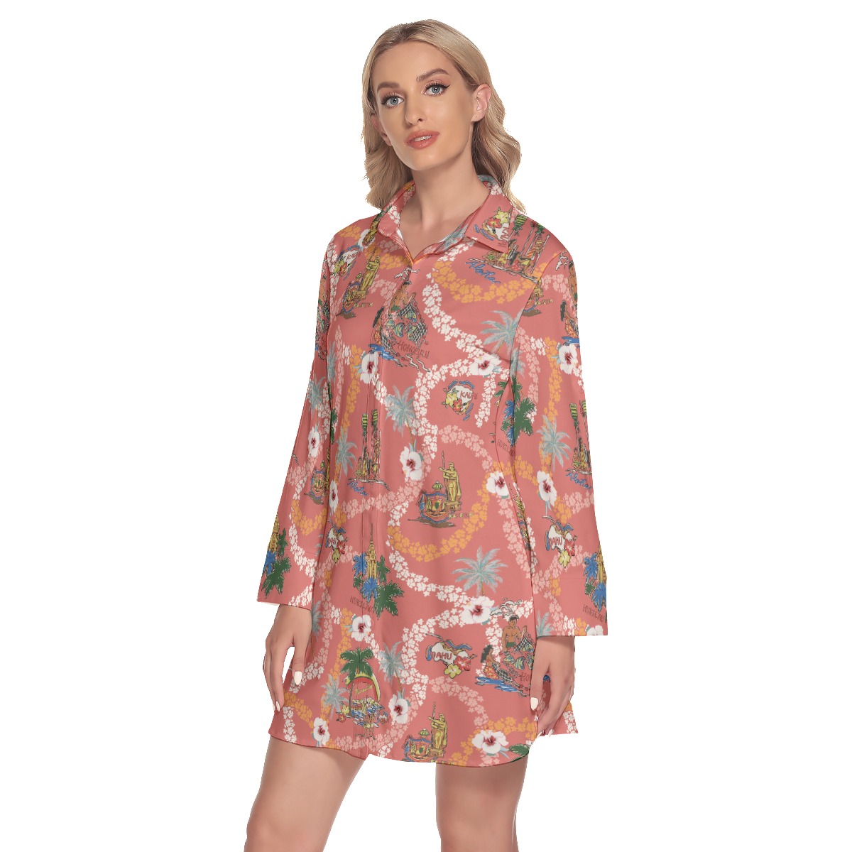 Vintage Island Landscape Pink Hawaiian Shirt Dress