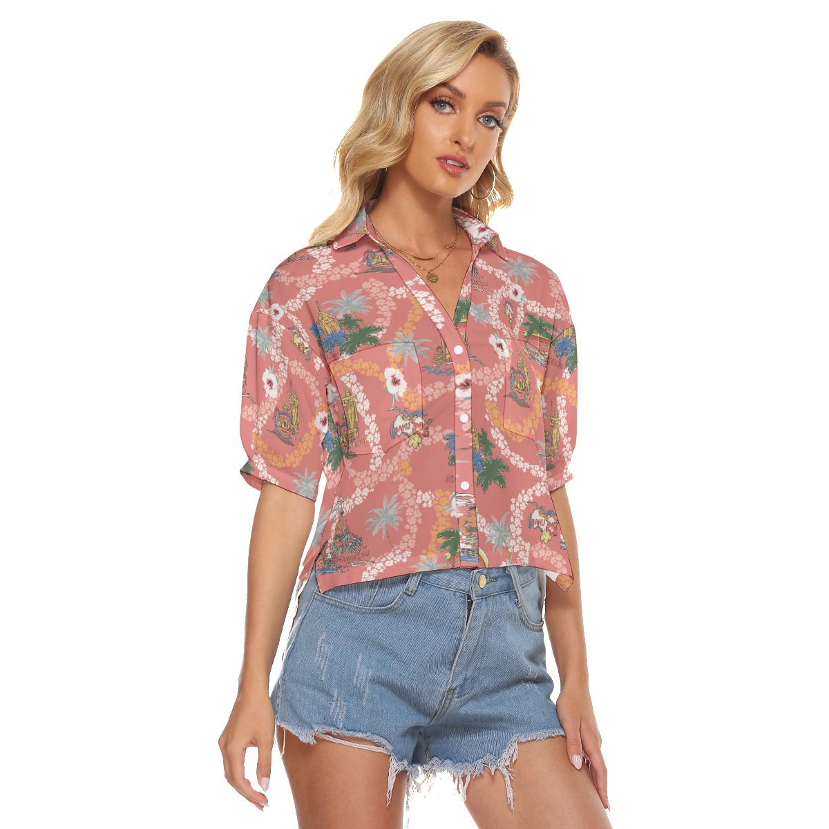 Vintage Landscape Floral Aloha Crop Top Shirt For Women