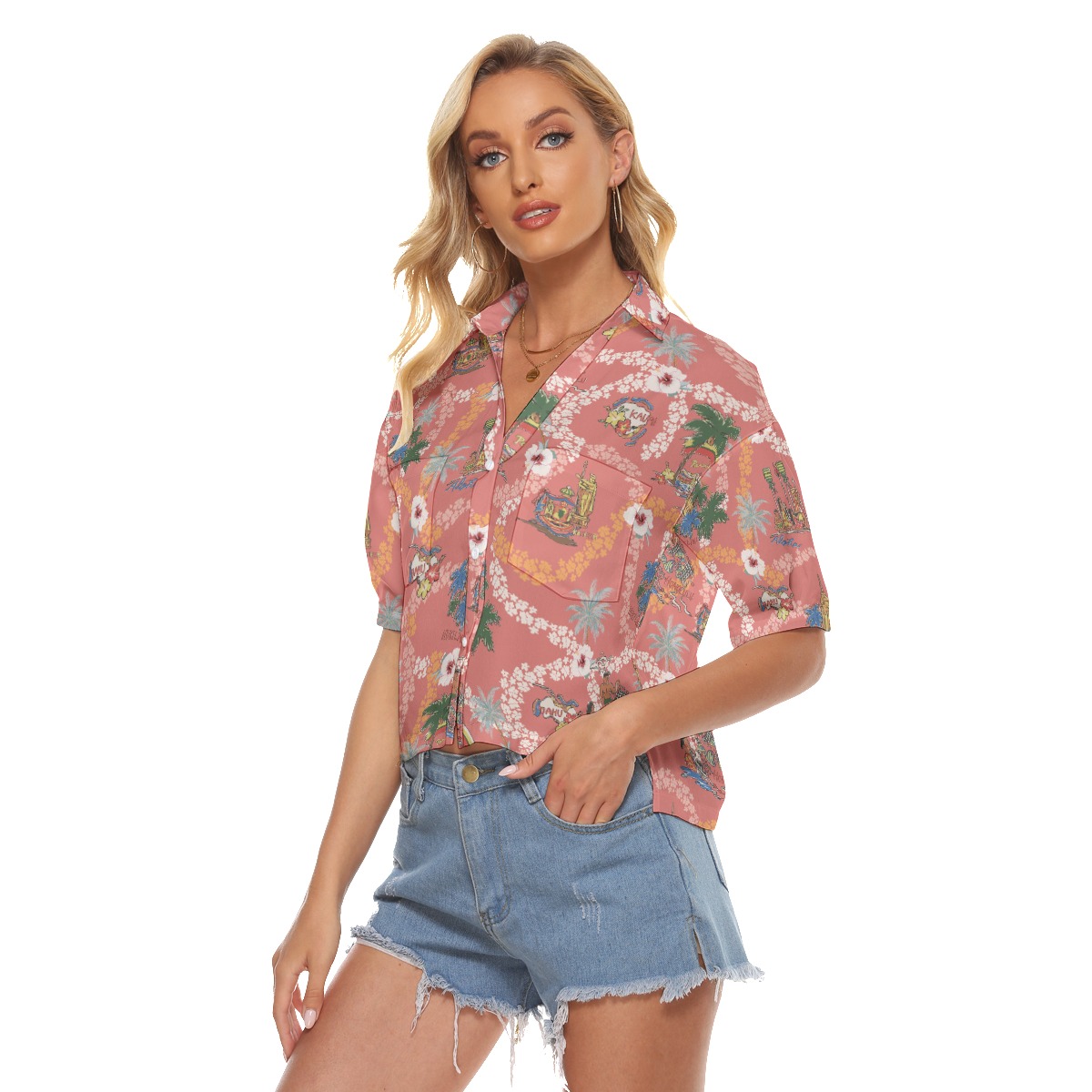Vintage Landscape Floral Aloha Crop Top Shirt For Women