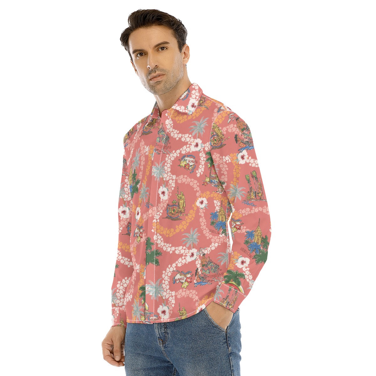 Hawaii Landscape Floral Hawaiian Long Sleeve Shirt For Men