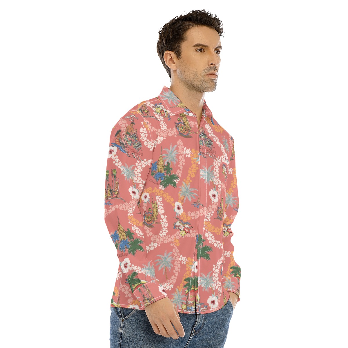Hawaii Landscape Floral Hawaiian Long Sleeve Shirt For Men