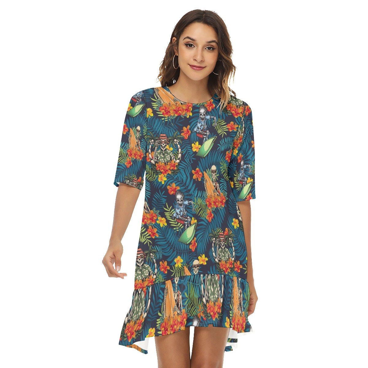 Funny Skeleton Surfing Tropical Hawaiian Dress With Ruffle Hem