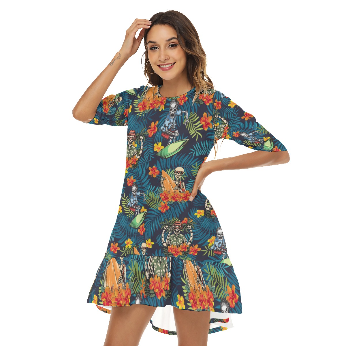 Funny Skeleton Surfing Tropical Hawaiian Dress With Ruffle Hem