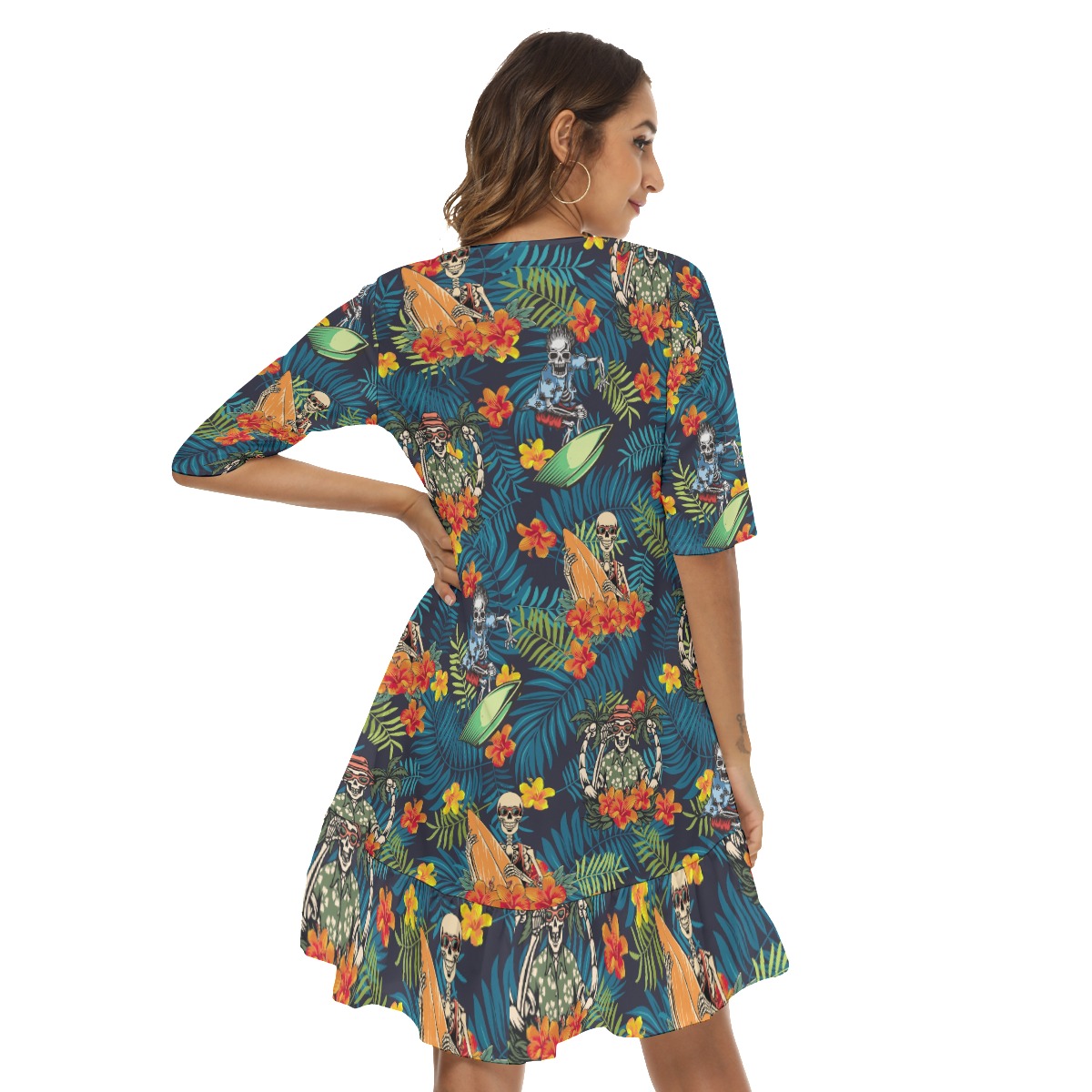 Funny Skeleton Surfing Tropical Hawaiian Dress With Ruffle Hem