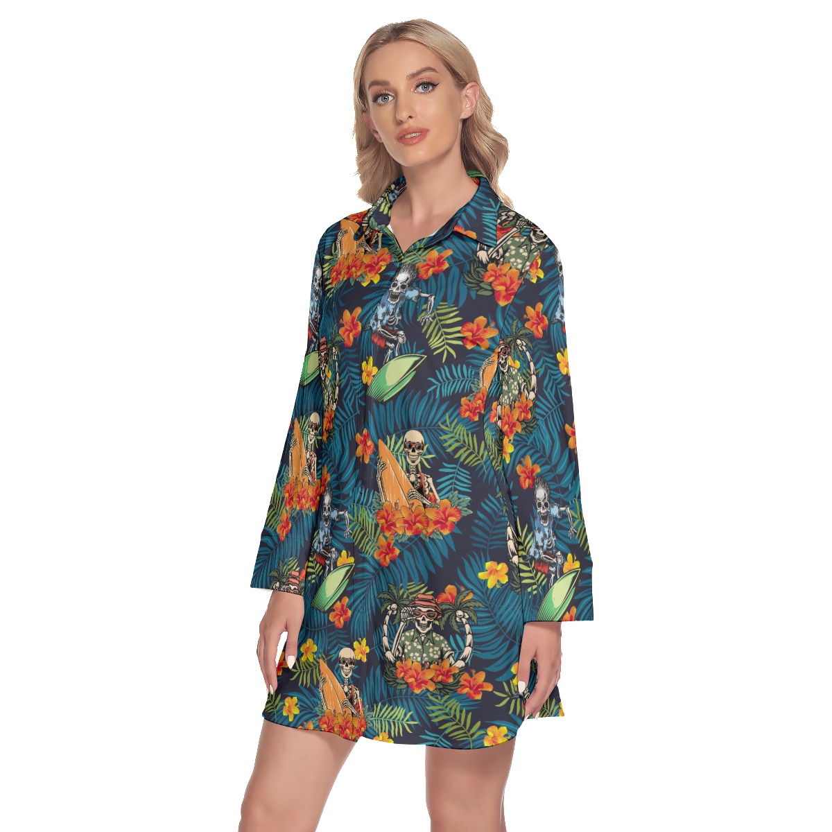 Tropical Surfing Skeleton Hawaiian Shirt Dress For Women