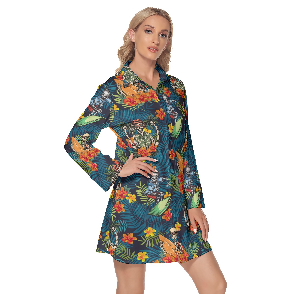 Tropical Surfing Skeleton Hawaiian Shirt Dress For Women