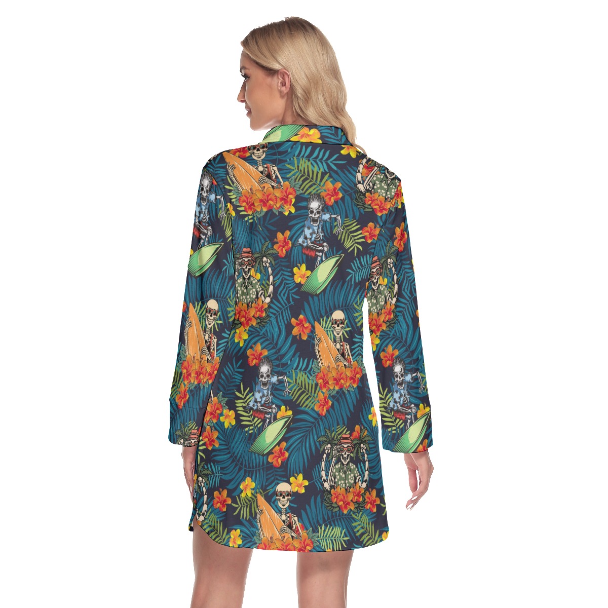 Tropical Surfing Skeleton Hawaiian Shirt Dress For Women