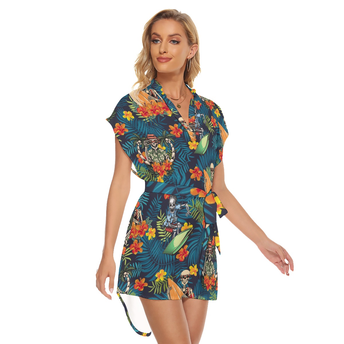 Funny Surfing Skeleton Summer Hawaiian Dresses With Belt