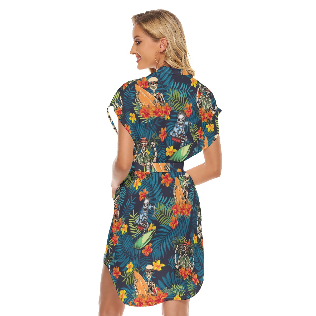 Funny Surfing Skeleton Summer Hawaiian Dresses With Belt