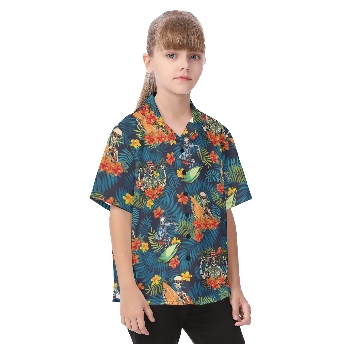 Cute Surfing Skeleton Tropical Hawaiian Button Up Shirt For Kids