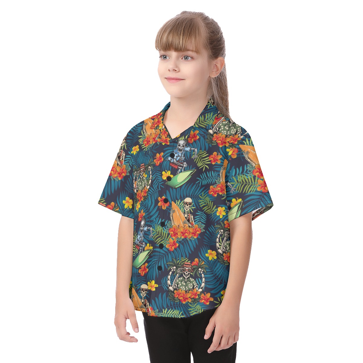 Cute Surfing Skeleton Tropical Hawaiian Button Up Shirt For Kids