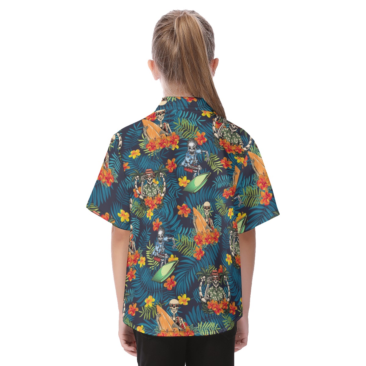 Cute Surfing Skeleton Tropical Hawaiian Button Up Shirt For Kids