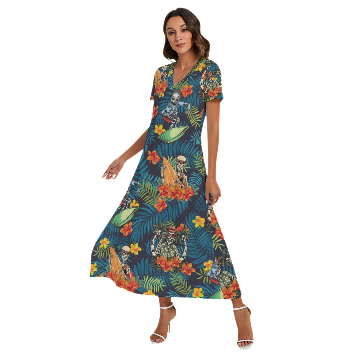 Tropical Skeleton Surfing Summer Hawaiian V-neck Dress With Side Slit