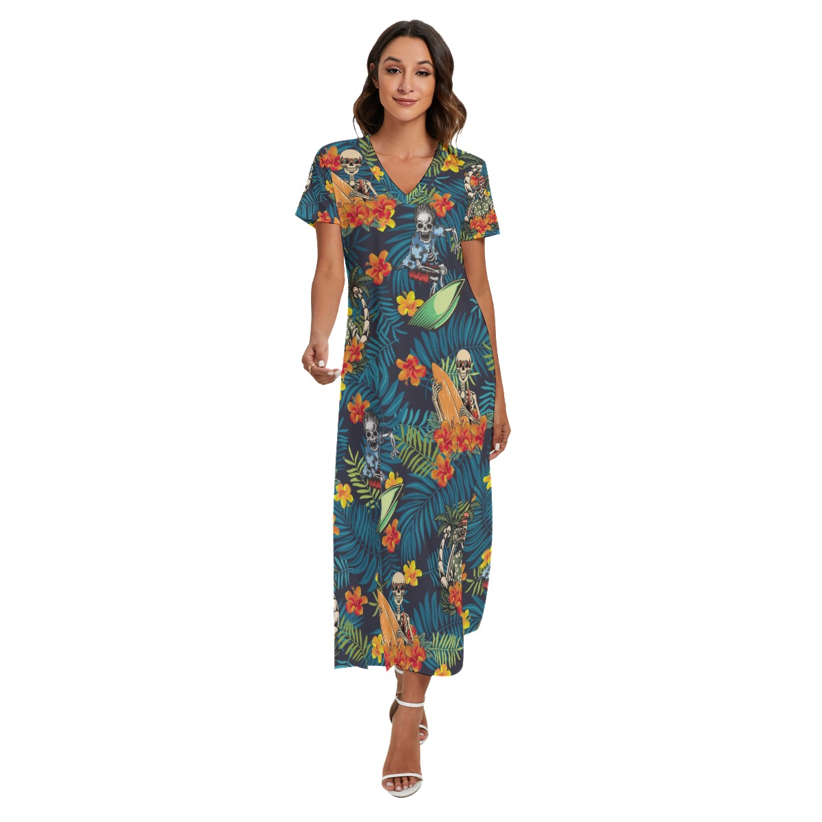 Tropical Skeleton Surfing Summer Hawaiian V-neck Dress With Side Slit