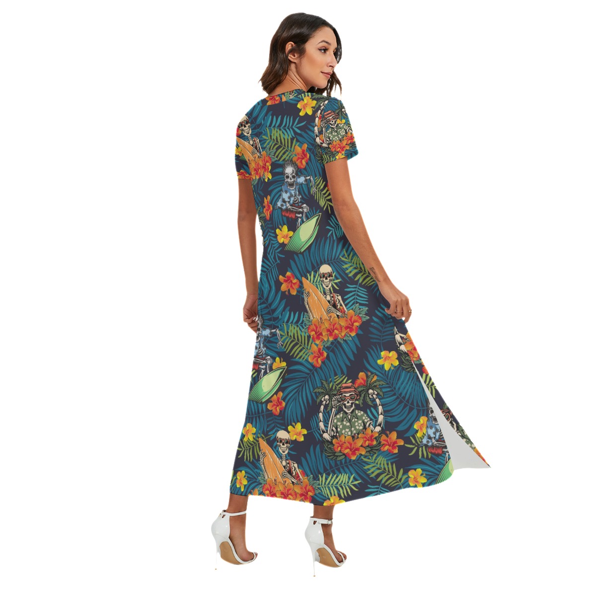 Tropical Skeleton Surfing Summer Hawaiian V-neck Dress With Side Slit