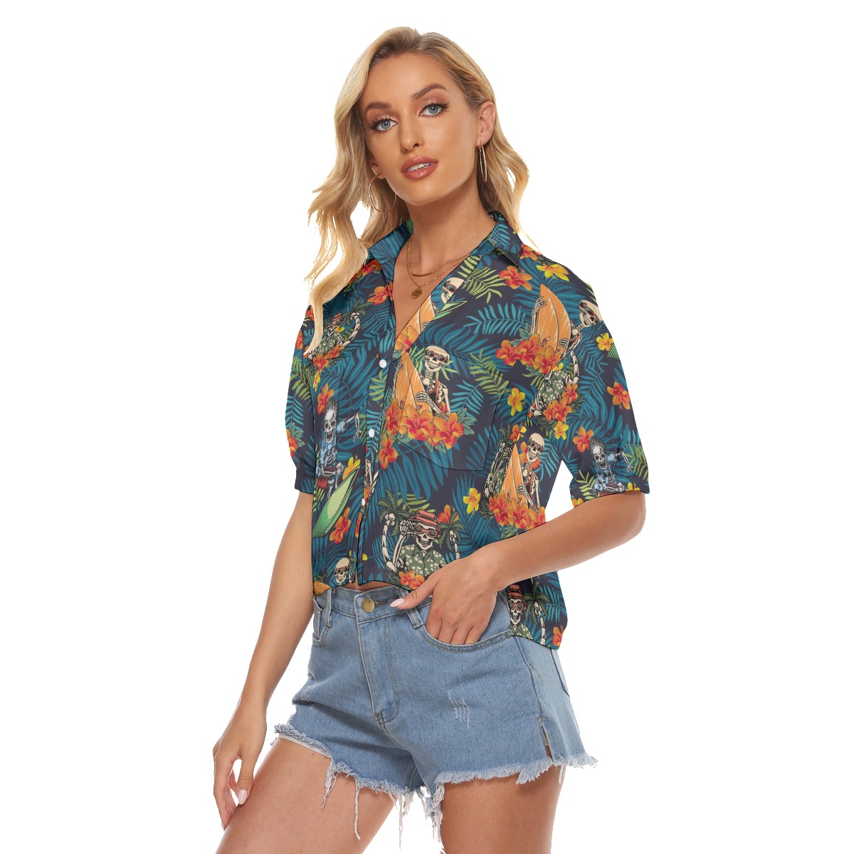 Funny Surfing Skeleton Tropical Hawaiian Crop Top Shirt For Women