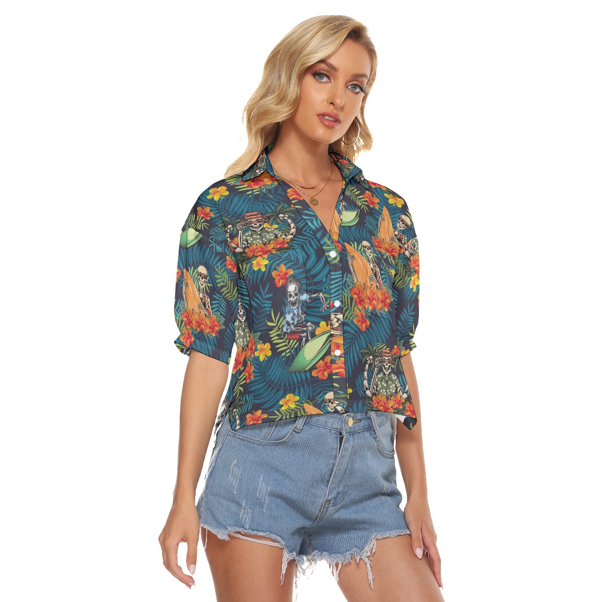 Funny Surfing Skeleton Tropical Hawaiian Crop Top Shirt For Women
