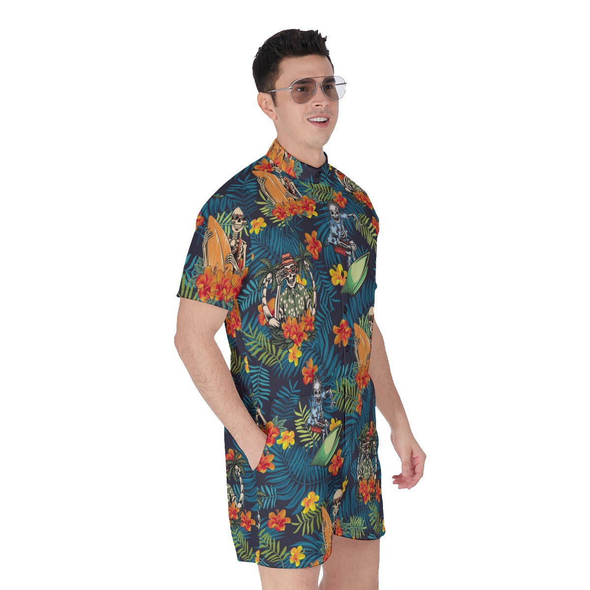 Funny Skeleton Surfing Tropical Hawaiian Romper For Men
