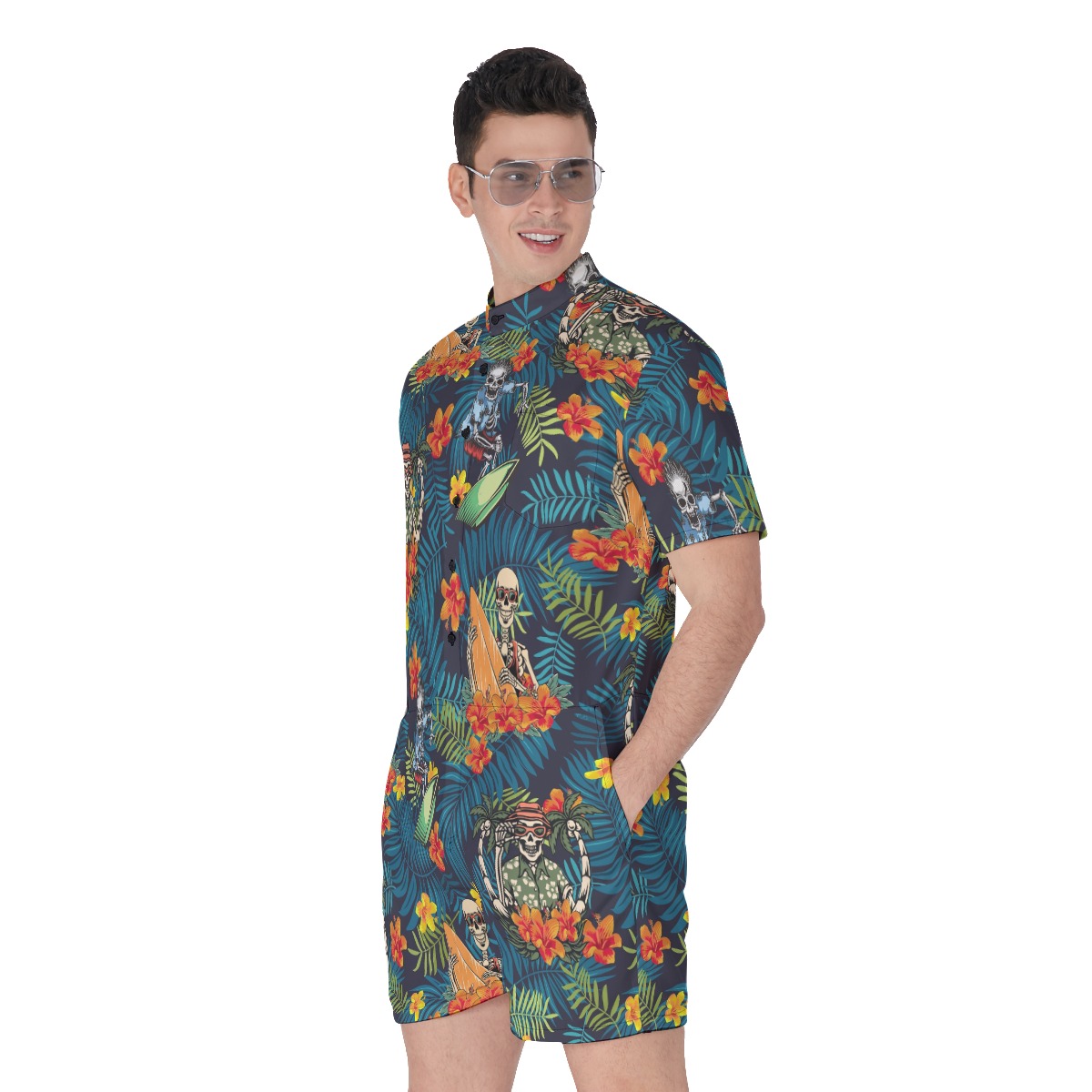 Funny Skeleton Surfing Tropical Hawaiian Romper For Men