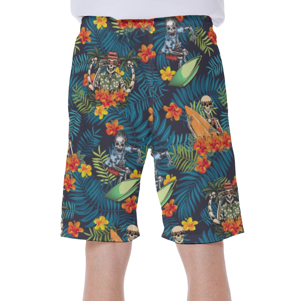 Funny Skeleton Surfing Tropical Hawaiian Swim Trunks For Men