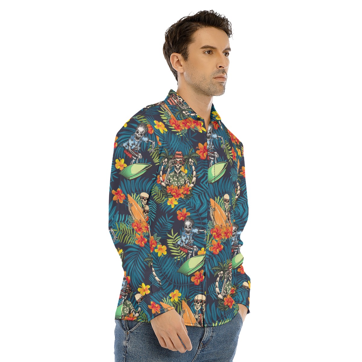 Funny Skeleton Surfing Tropical Hawaiian Long Sleeve Shirt For Men
