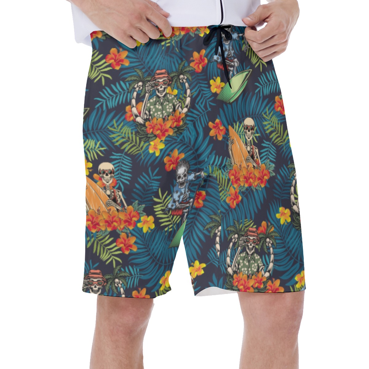 Funny Skeleton Surfing Tropical Hawaiian Swim Trunks For Men