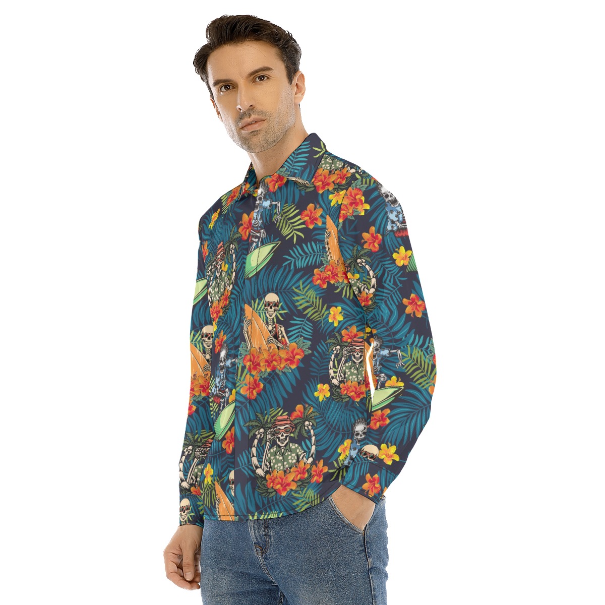 Funny Skeleton Surfing Tropical Hawaiian Long Sleeve Shirt For Men