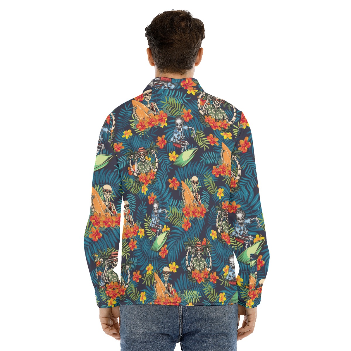 Funny Skeleton Surfing Tropical Hawaiian Long Sleeve Shirt For Men