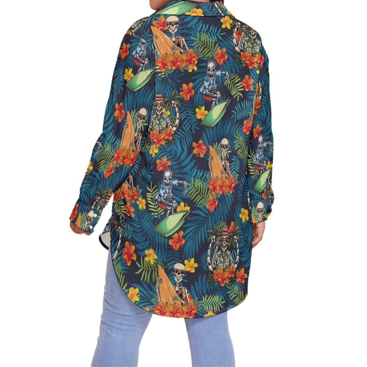 Tropical Surfing Skeleton Hawaiian Plus Size Shirt For Women