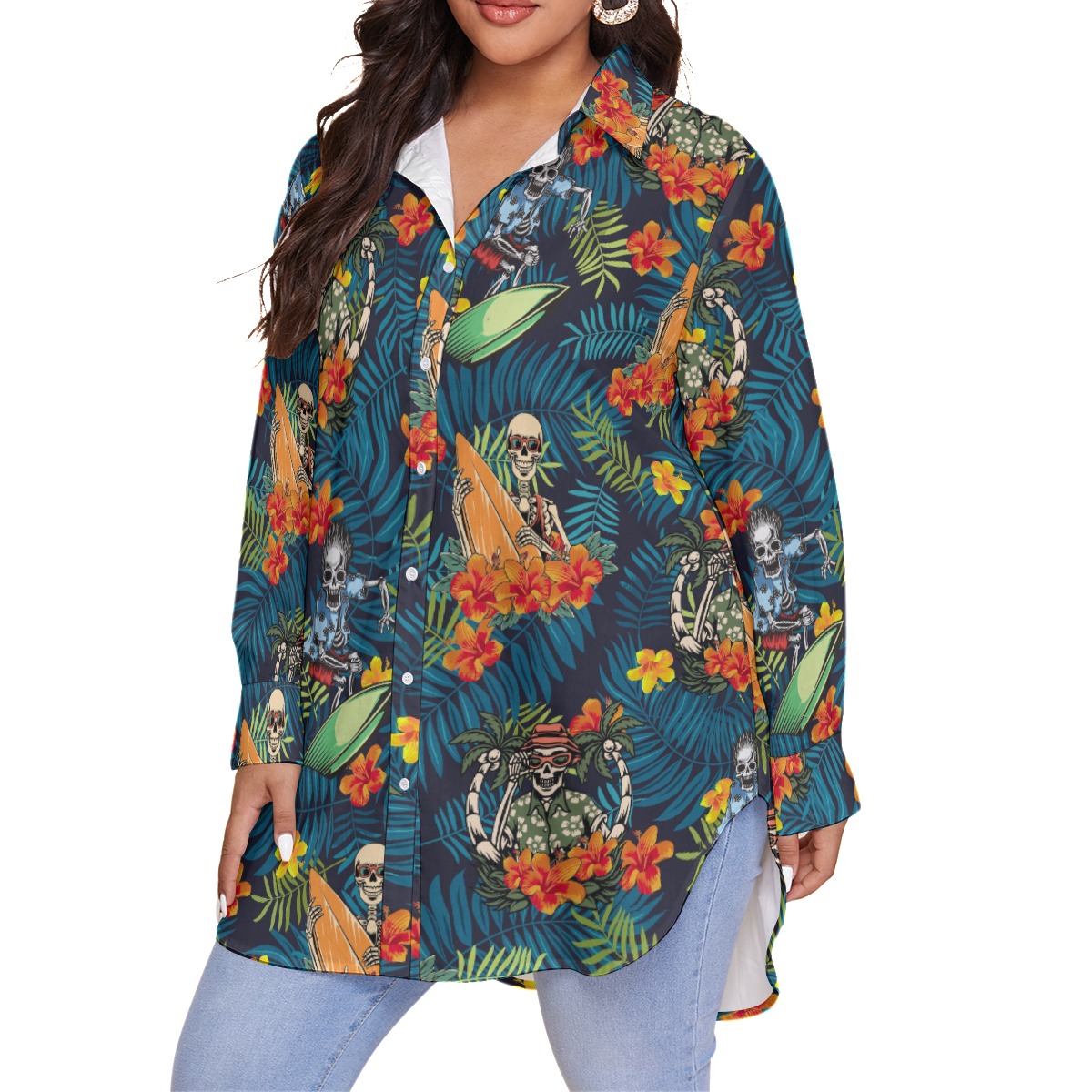 Tropical Surfing Skeleton Hawaiian Plus Size Shirt For Women